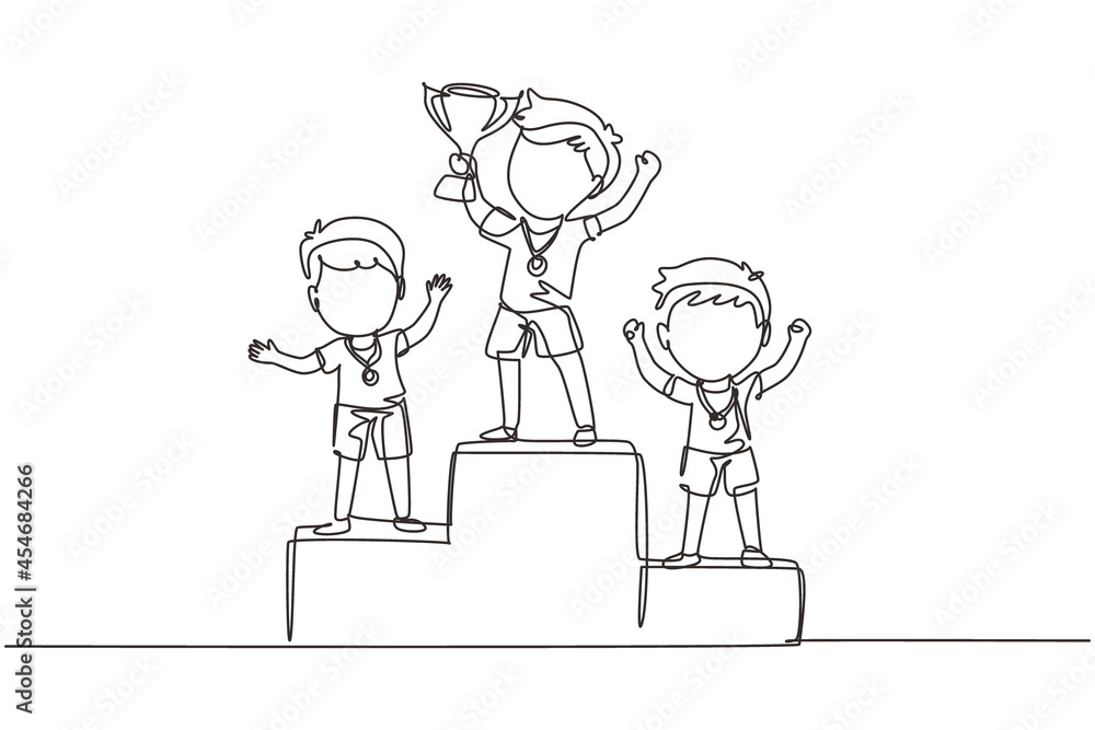 Single continuous line drawing cute boy standing on podium as sport competition winner. Championship celebration. Happy cute kid win game gold trophy. One line draw graphic design vector illustration Single continuous line drawing cute boy standing on podium as sport competition winner. Championship celebration. Happy cute kid win game gold trophy. One line draw graphic design vector illustration