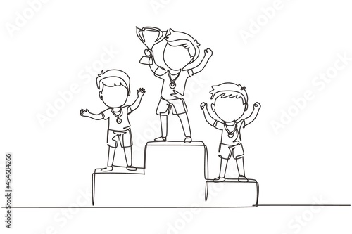Single continuous line drawing cute boy standing on podium as sport competition winner. Championship celebration. Happy cute kid win game gold trophy. One line draw graphic design vector illustration