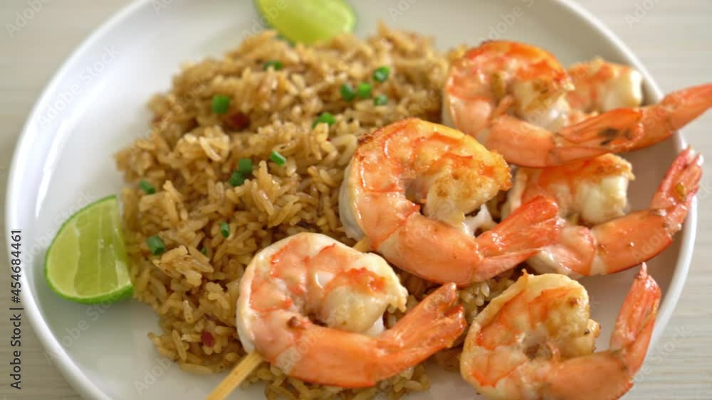 fried rice with shrimps or prawns skewers fried rice with shrimps or prawns skewers