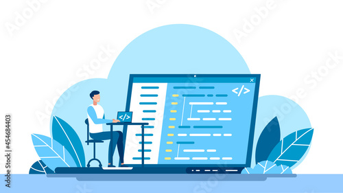 Concept of script coding, programming. A programming language. Programmer working on web development on the laptop. Software developers. Flat vector cartoon illustration. Workplace of the programmer. 