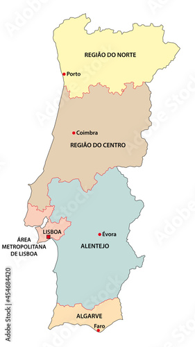 Administrative vector map of the five regions of Portugal