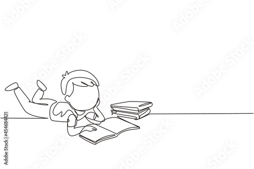 Continuous one line drawing little baby boy is reading book and dreaming lying on floor. Pile of books. Source of knowledge. Intelligent student. Single line draw design vector graphic illustration