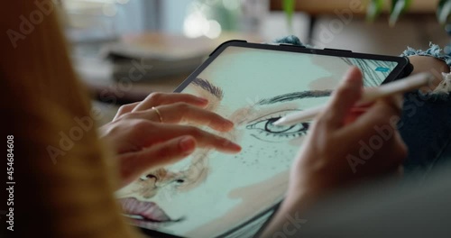 close up hands woman graphic designer using tablet computer drawing digital art illustration graphic artist sketching on touchscreen device with stylus pen