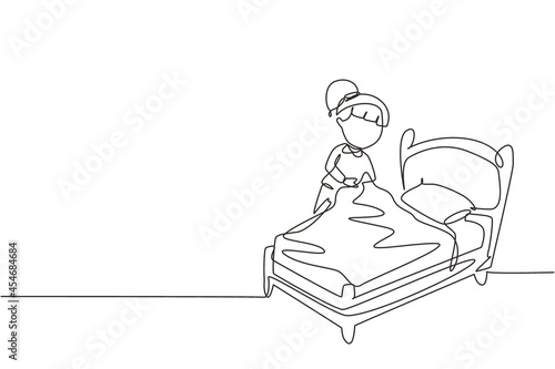 Continuous one line drawing cute girl making the bed. Kids doing housework chores at home concept. Kids routine after waking up to tidy up the bed. Single line draw design vector graphic illustration