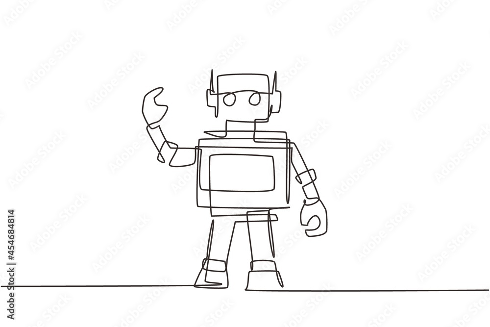 Continuous one line drawing toy robot for kids. Retro robot vintage toys. Metal computer man or