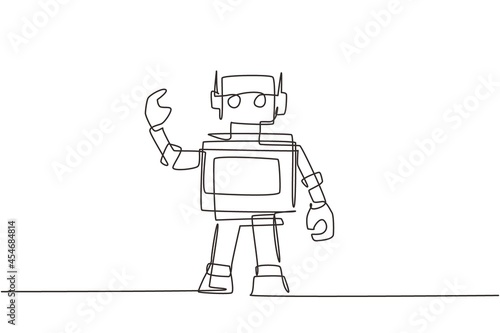 Continuous one line drawing toy robot for kids. Retro robot vintage toys. Metal computer man or cyborgs. Friendly mechanism. Children's toy robot. Single line draw design vector graphic illustration