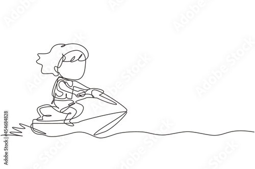 Continuous one line drawing little girl riding jet ski. Happy smiling child with rides water scooter on ocean waves. Summer water sport concept. Single line draw design vector graphic illustration