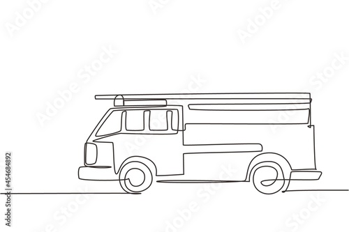 Continuous one line drawing fire engine icon logo. Firefighter truck automobile side view. Auto in flat design. Children's toy fire truck concept. Single line draw design vector graphic illustration