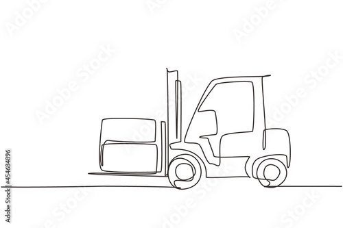 Continuous one line drawing forklift truck with boxes. Heavy automobile. Construction industry and machinery concept. Children's toy forklift truck. Single line draw design vector graphic illustration