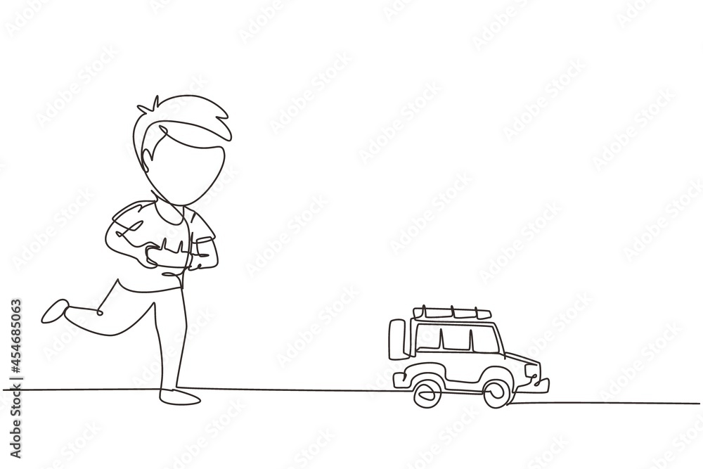 Continuous one line drawing boy playing with remote-controlled off road car. Cute kids playing with electronic toy car with remote control in hands. Single line draw design vector graphic illustration Continuous one line drawing boy playing with remote-controlled off road car. Cute kids playing with electronic toy car with remote control in hands. Single line draw design vector graphic illustration