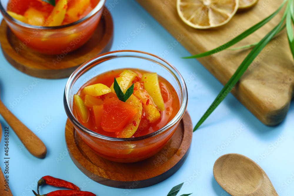 Asinan Buah or Indonesian pickled mixed fruits, spicy sweet and sour taste. Asinan Buah or Indonesian pickled mixed fruits, spicy sweet and sour taste.