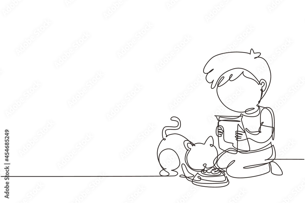 Single one line drawing cute smiling little boy feeding his kitten, adorable kid caring for animal. Kids doing housework chores at home. Modern continuous line draw design graphic vector illustration Single one line drawing cute smiling little boy feeding his kitten, adorable kid caring for animal. Kids doing housework chores at home. Modern continuous line draw design graphic vector illustration