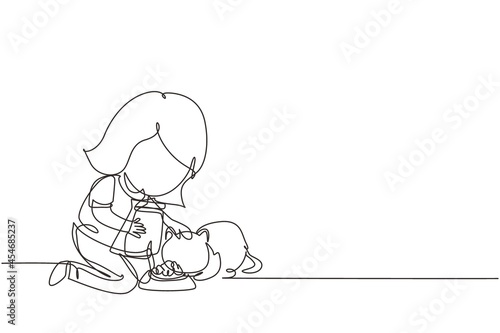 Continuous one line drawing cute smiling little girl feeding her cat at home, adorable kid caring for animal. Kids doing housework chores at home. Single line draw design vector graphic illustration