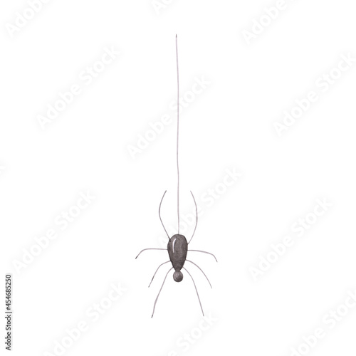 Spider is isolated on a white background. Watercolor black spider on a spiderweb illustration. Hand-drawn Halloween object. Arachnid clipart. Silhouette of creepy insect.