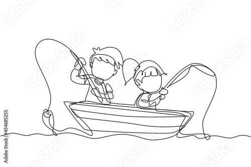 Single one line drawing smiling little boys and girls fishing together on boat. Happy children fishing on boat out in the sea. Fisher kids. Continuous line draw design graphic vector illustration