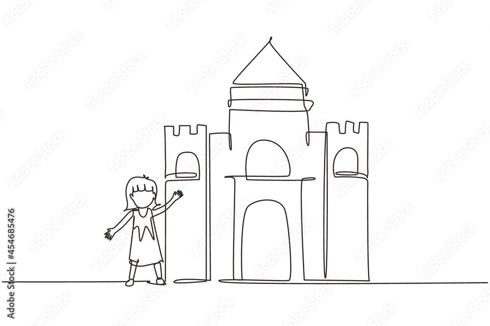 Continuous one line drawing cheerful girl playing in castle made of cardboard boxes. Happy little medieval princess. Creative kid playing castle. Single line draw design vector graphic illustration