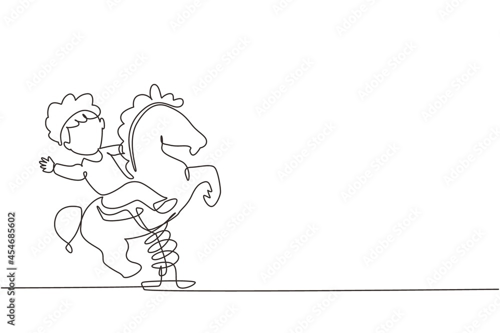 Single continuous line drawing Boy riding spring horse see saw, kid having fun on playground. Kids riding toy horse rocking. Happy boy riding horse swinging seesaw. One line draw graphic design vector Single continuous line drawing Boy riding spring horse see saw, kid having fun on playground. Kids riding toy horse rocking. Happy boy riding horse swinging seesaw. One line draw graphic design vector