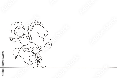 Single continuous line drawing Boy riding spring horse see saw, kid having fun on playground. Kids riding toy horse rocking. Happy boy riding horse swinging seesaw. One line draw graphic design vector