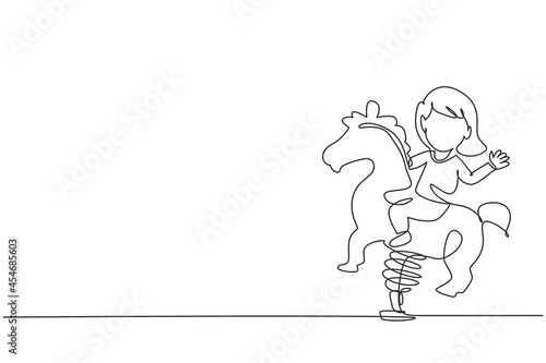 Single one line drawing little girl riding horse ride in park playground. Kids riding toy horse rocking. Happy girl riding horse swinging seesaw. Continuous line design graphic vector illustration
