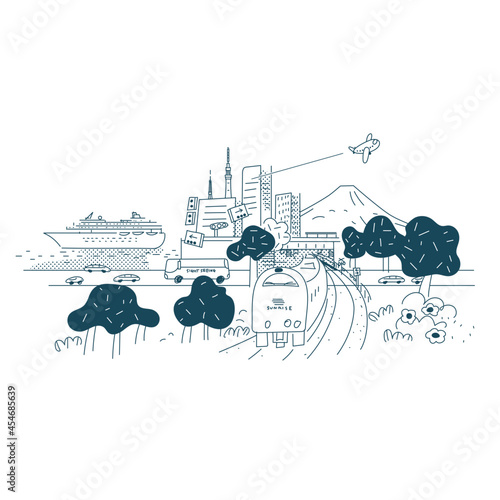 風景と乗り物のイラスト