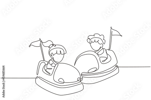 Single continuous line drawing children driving bumper car. Happy smiling boy and girl on bumper auto wheel attraction at amusement park. Enjoyment family time. One line draw graphic design vector