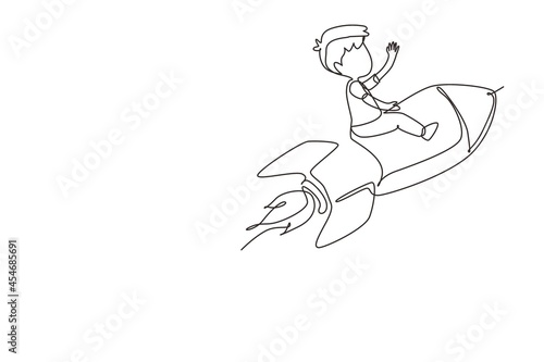 Continuous one line drawing happy boy is sitting on flying rocket. Preschool kid. Children sitting on rocket. Back to school. Educational concept. Single line draw design vector graphic illustration