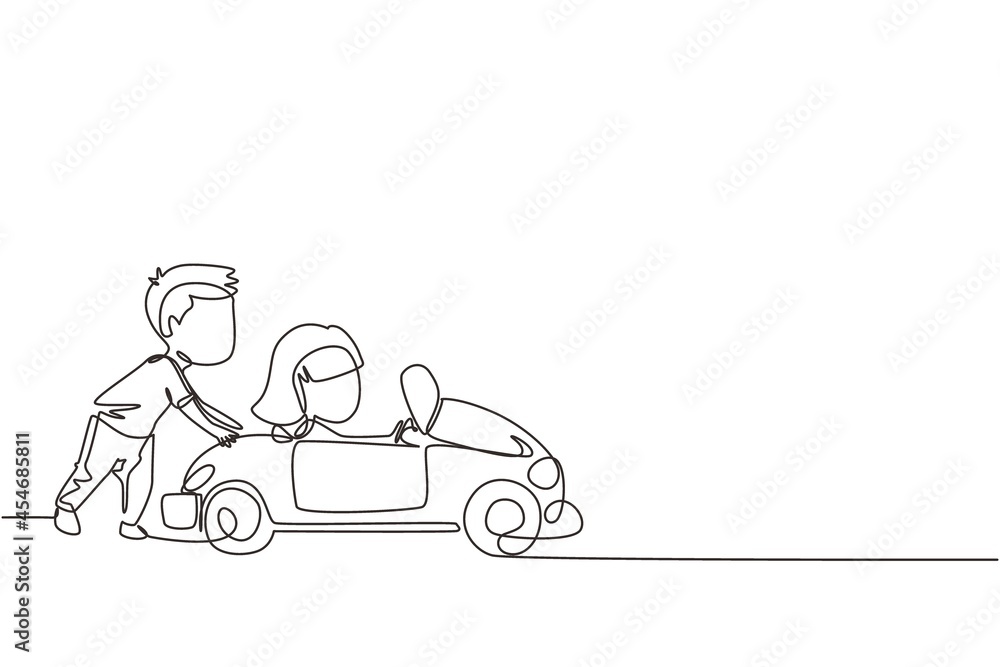 Continuous one line drawing a boy is pushing his friend's car in the road. Boy and girl play with big toy car together. Kids having fun with at backyard. Single line design vector graphic illustration Continuous one line drawing a boy is pushing his friend's car in the road. Boy and girl play with big toy car together. Kids having fun with at backyard. Single line design vector graphic illustration