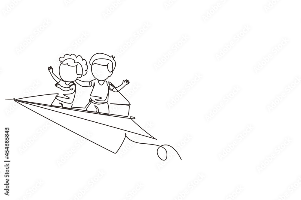 Single one line drawing happy two little boys flying on paper plane. Kids flying on paper airplane together. Children back to school concept. Continuous line draw design graphic vector illustration Single one line drawing happy two little boys flying on paper plane. Kids flying on paper airplane together. Children back to school concept. Continuous line draw design graphic vector illustration