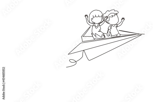 Single continuous line drawing happy boys and girls flying on paper plane. Kids flying on paper airplane together. Children back to school concept. One line draw graphic design vector illustration