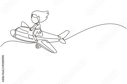 Single one line drawing cute little girl riding plane. Happy kids on airplane. Children riding airplane, summer journey, travel concept. Modern continuous line draw design graphic vector illustration