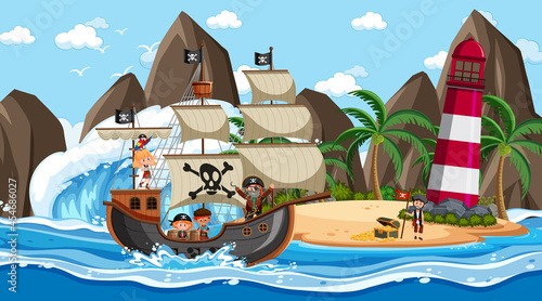 Beach with Pirate ship at daytime scene in cartoon style