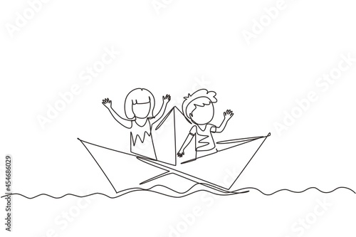 Single continuous line drawing cute boys and girls floating on paper boat on the water. Happy smiling kid having fun and playing sailor in imaginary world. One line graphic design vector illustration