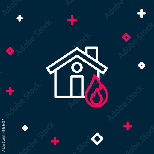 Line Fire in burning house icon isolated on blue background. Colorful outline concept. Vector