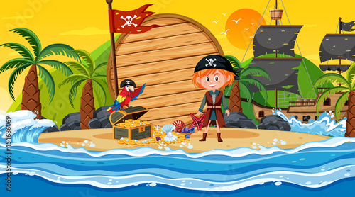Empty banner template with pirate girl at the beach sunset scene