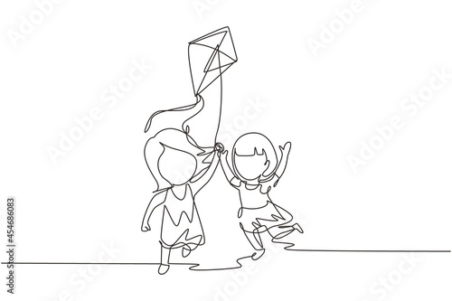 Single one line drawing two girl playing to fly kite up into sky at outdoor field. Kids playing kite in playground. Children with kites game and they look happy. Continuous line draw design graphic
