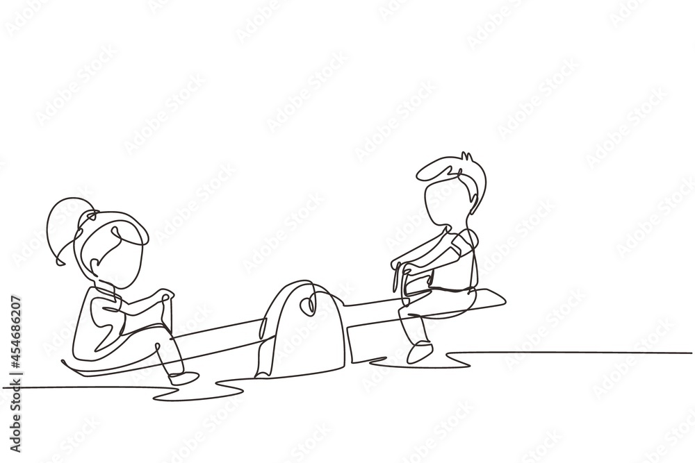 Single continuous line drawing boy and girl of preschool swinging on seesaw. Kids having fun at playground. Cute kids playing seesaw together happily. One line draw graphic design vector illustration