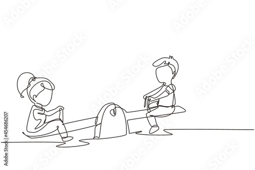 Single continuous line drawing boy and girl of preschool swinging on seesaw. Kids having fun at playground. Cute kids playing seesaw together happily. One line draw graphic design vector illustration photo
