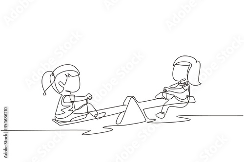 Continuous one line drawing two little girls swinging on seesaw. Kids having fun at playground. Cute kids playing seesaw together happily at park. Single line draw design vector graphic illustration