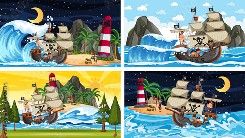 Set of different beach scenes with pirate ship and pirate cartoon character