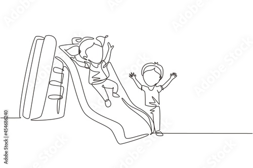 Single one line drawing preschool kids playing together in kindergarten. Little girl sliding down the slide and smiling boy seeing her on side of slide. Continuous line draw design graphic vector