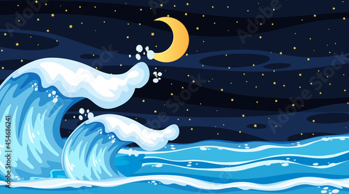 Beach landscape at night scene with ocean wave