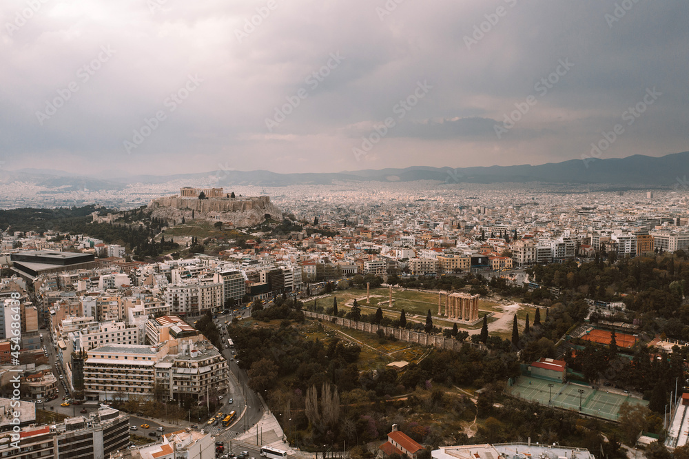 Aerial view of Athens, the Acropolis and the temple of Zeus