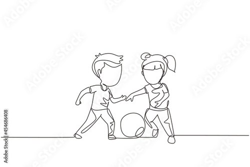 Continuous one line drawing boy and girl playing football together. Two happy little kids playing sport at playground. Children kicking ball by foot between them. Single line design vector graphic