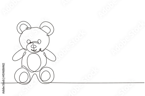 Single continuous line drawing lovely teddy bear toy. Nice and cute teddy bear plush toy. Stuffed teddy bear sitting on floor. Little teddy bear character. Dynamic one line draw graphic design vector