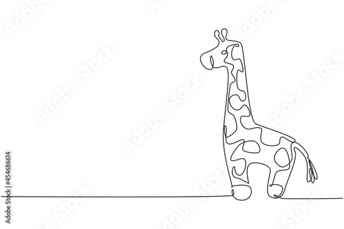 Single continuous line drawing cute giraffe plush doll. Giraffe plush stuffed puppet. Stuffed giraffe toy. Yellow giraffe toys for children. Dynamic one line draw graphic design vector illustration