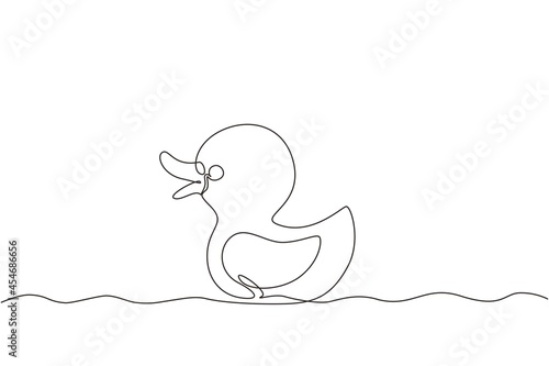 Single continuous line drawing Bath duck hand drawn outline doodle icon. Rubber bath duck for baby bathtub. Symbol of children's department in store. One line draw graphic design vector illustration