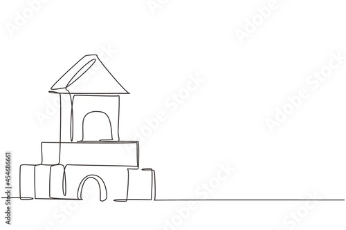 Single one line drawing brick house. House made of wooden blocks. Wooden cubes toy. Building blocks for kids. Children constructor. Wooden toy. Continuous line draw design graphic vector illustration
