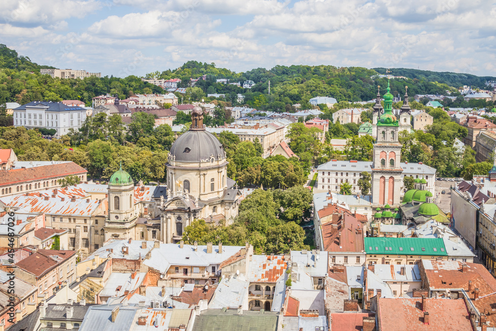 View of historical old city district of Lviv, Ukraine. Old buildings and courtyards in historic Lviv