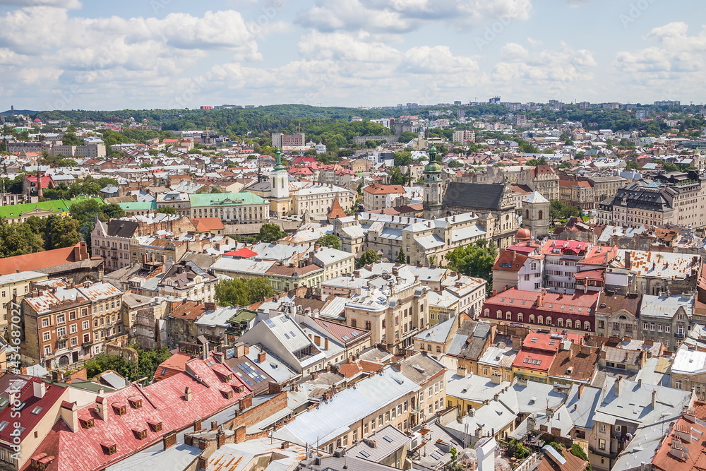 View of historical old city district of Lviv, Ukraine. Old buildings and courtyards in historic Lviv