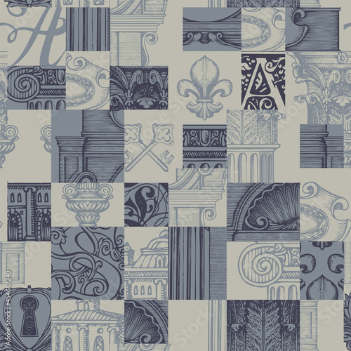 Abstract seamless pattern on theme of ancient architecture and art in vintage style. Vector background with hand-drawn architectural fragments in grey colors. Wallpaper, wrapping paper, fabric design